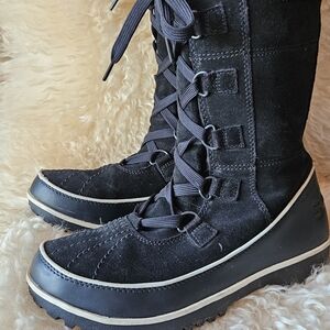 Sorel Tall Black Women's Lace-Up Suede Winter Boots Faux FUR lined Size 10 Snow